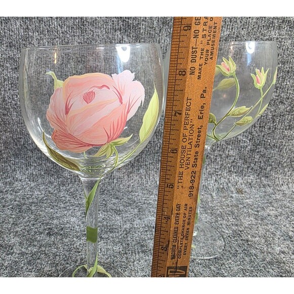 Hand-Painted Floral Wine Glass Set Of 3 Pink Roses 7.5" Tall Rose Balloon - Picture 2 of 6